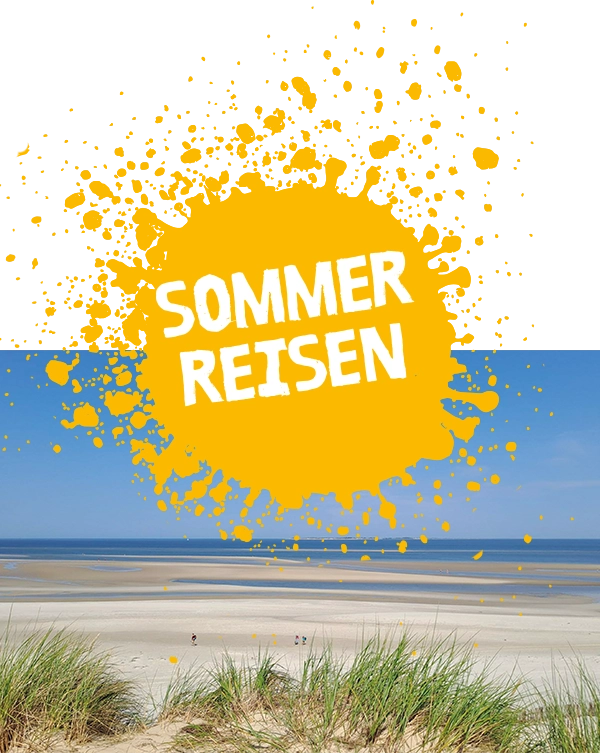Strandbild mit gelbem Klecks und der Beschriftung Sommerrreisen